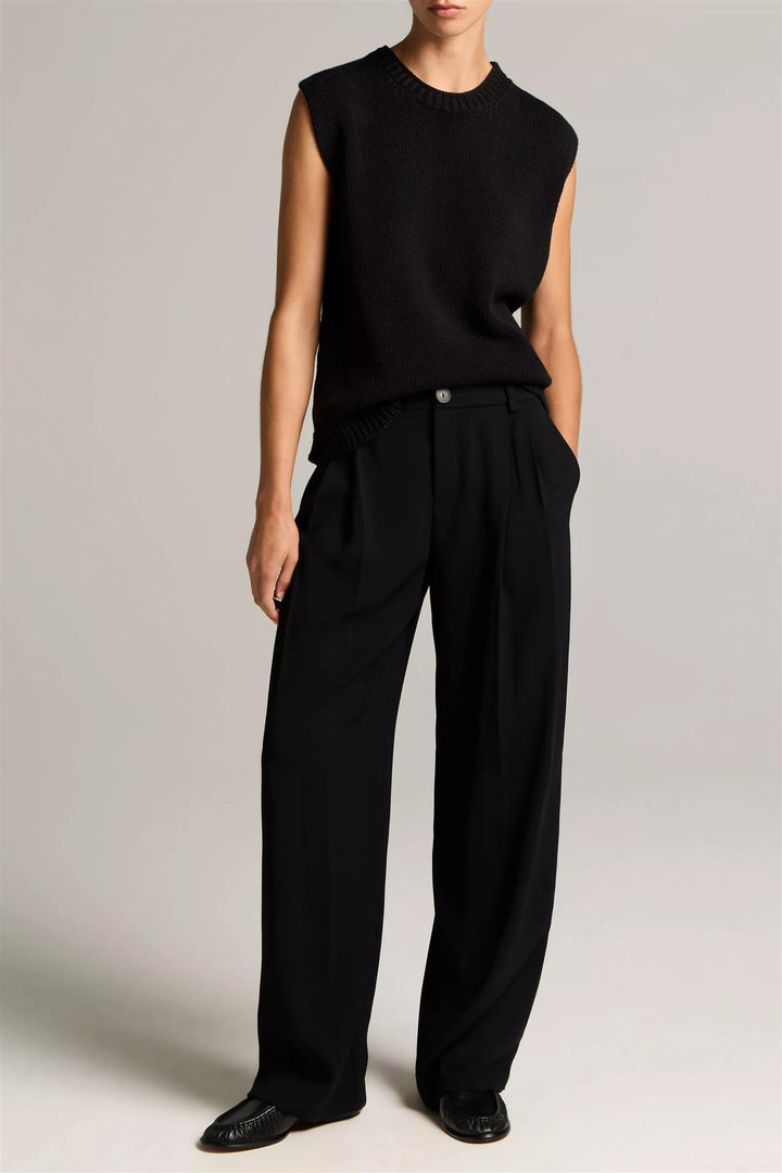 Drop Waist Pleated Crepe Trouser Black