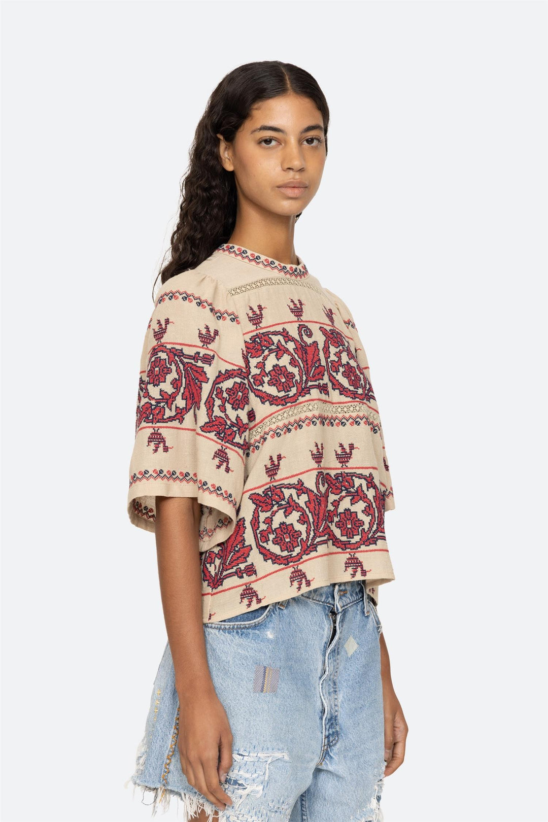 Beena Embroidery Short Sleeved Top Taupe