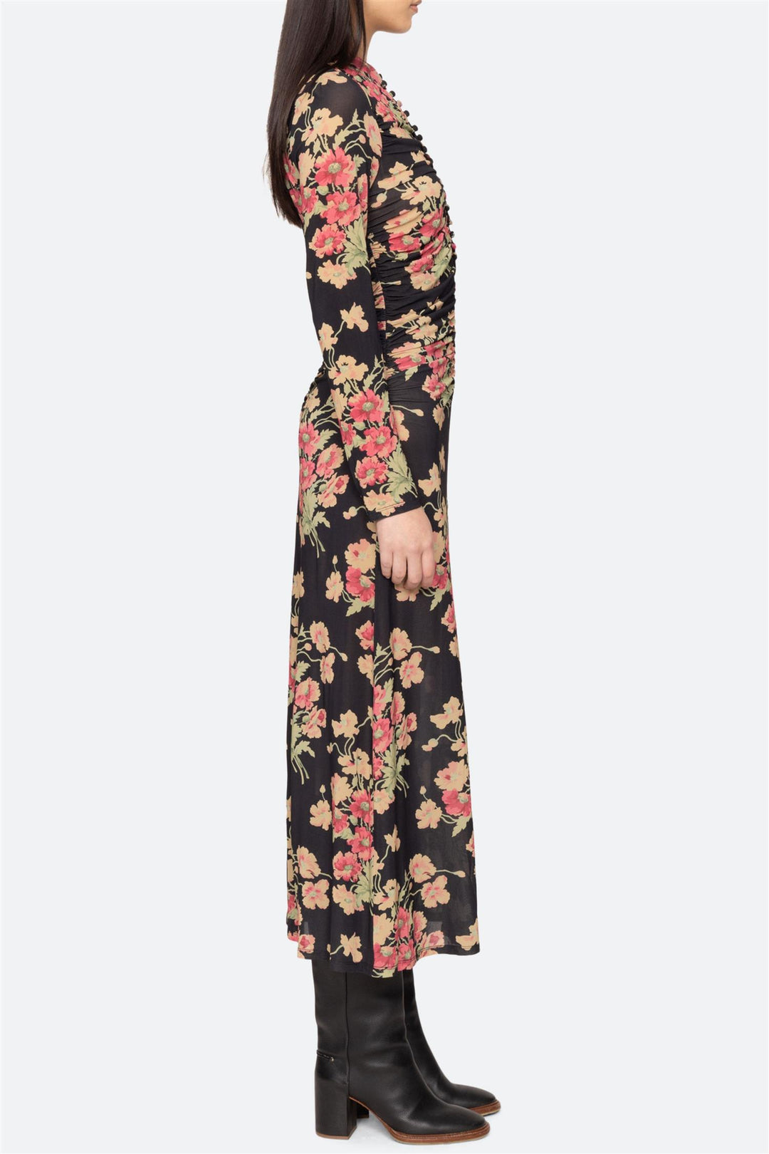 Cornelia Print Long Sleeve Midi Dress Black
