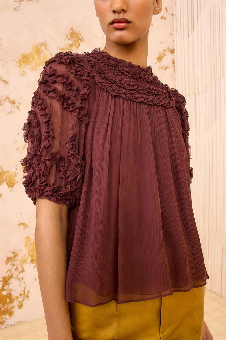 Isolda Silk Smocked Short Sleeve Blouse Mahogany