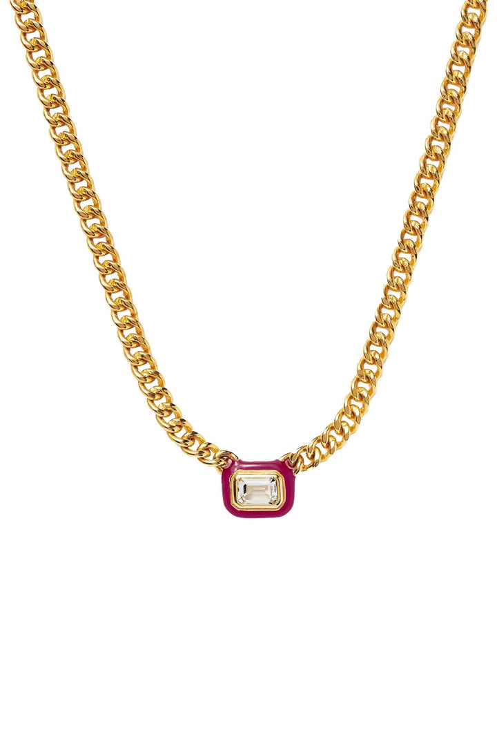 Enamel & Stone Floating Pendant Chain Necklace Neon Pink