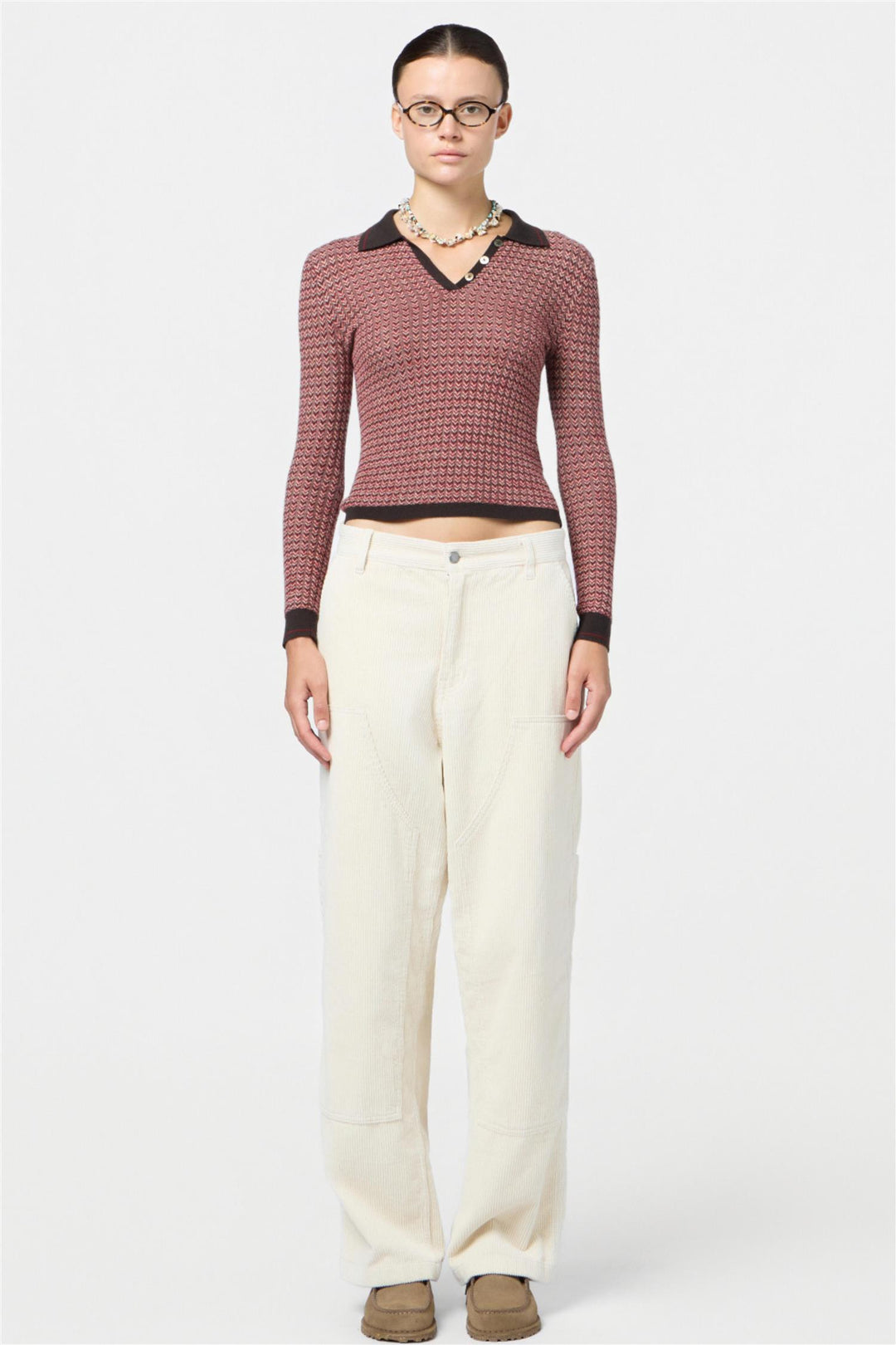 Chevron Longsleeve Shrunken Polo Burnt Cocoa Combo