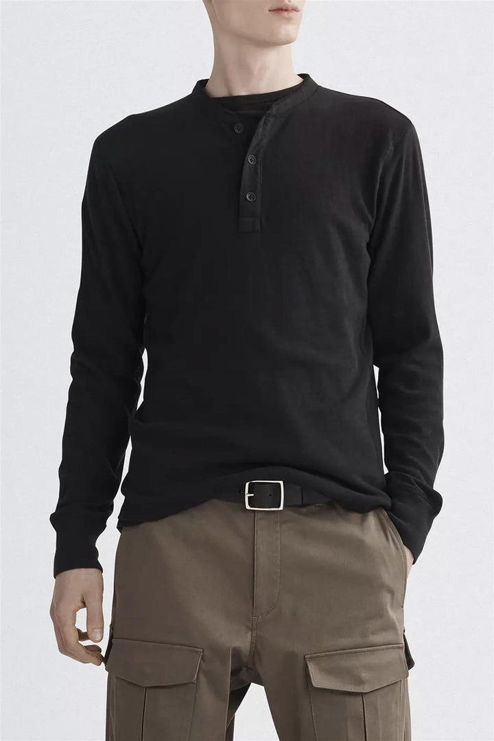 Classic Henley Button Down Long Sleeved T-shirt Black