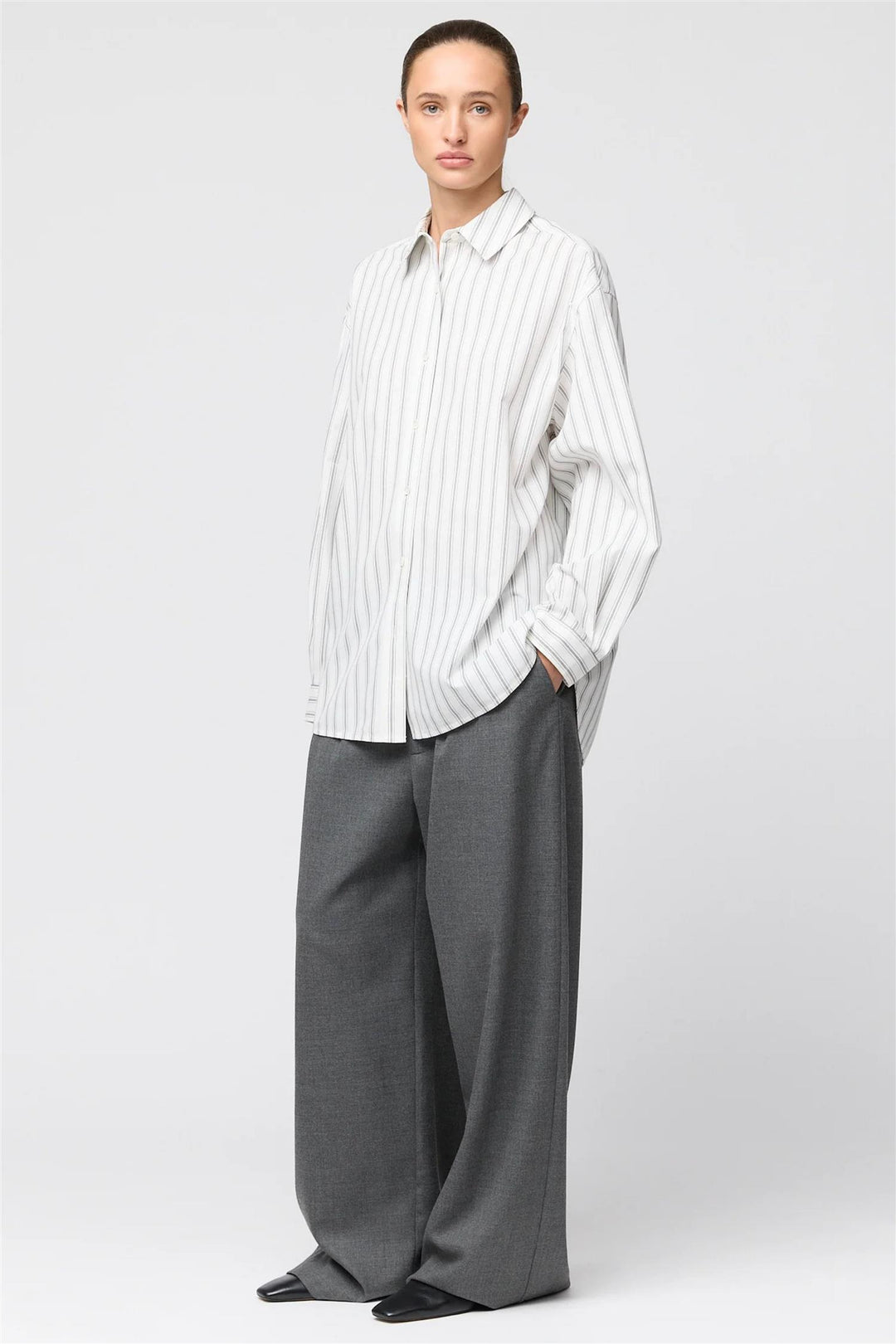 Poplin Workwear Shirt White with Black and Grey Pinstripe