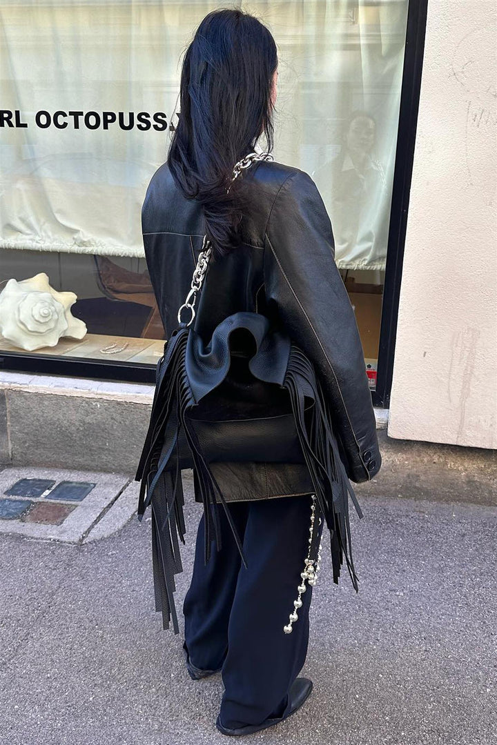 Dawn Leather Fringe Bag Black