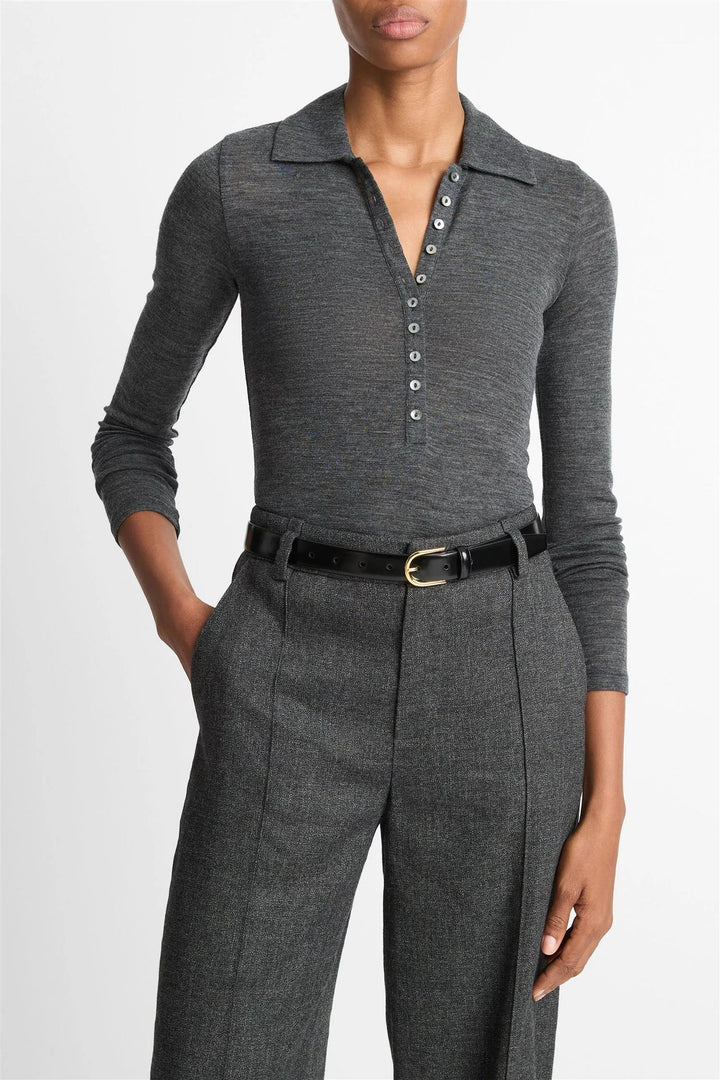 Wool Long-Sleeve Polo Top Medium Heather Grey