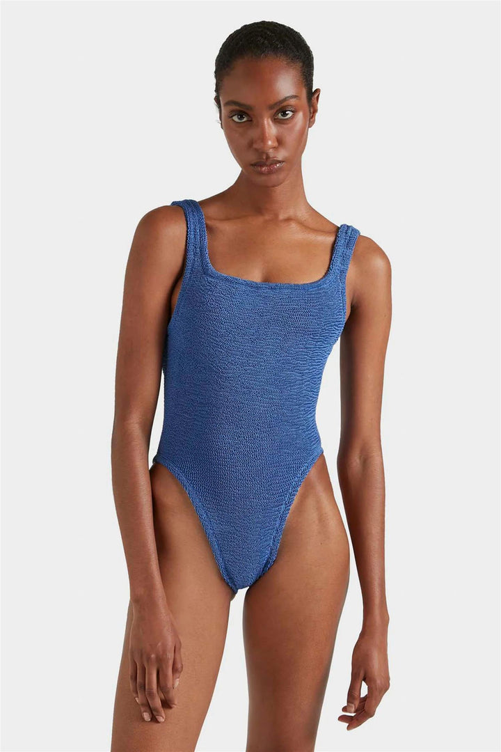 Square Neck Crinkle Swimsuit Metallic Denim
