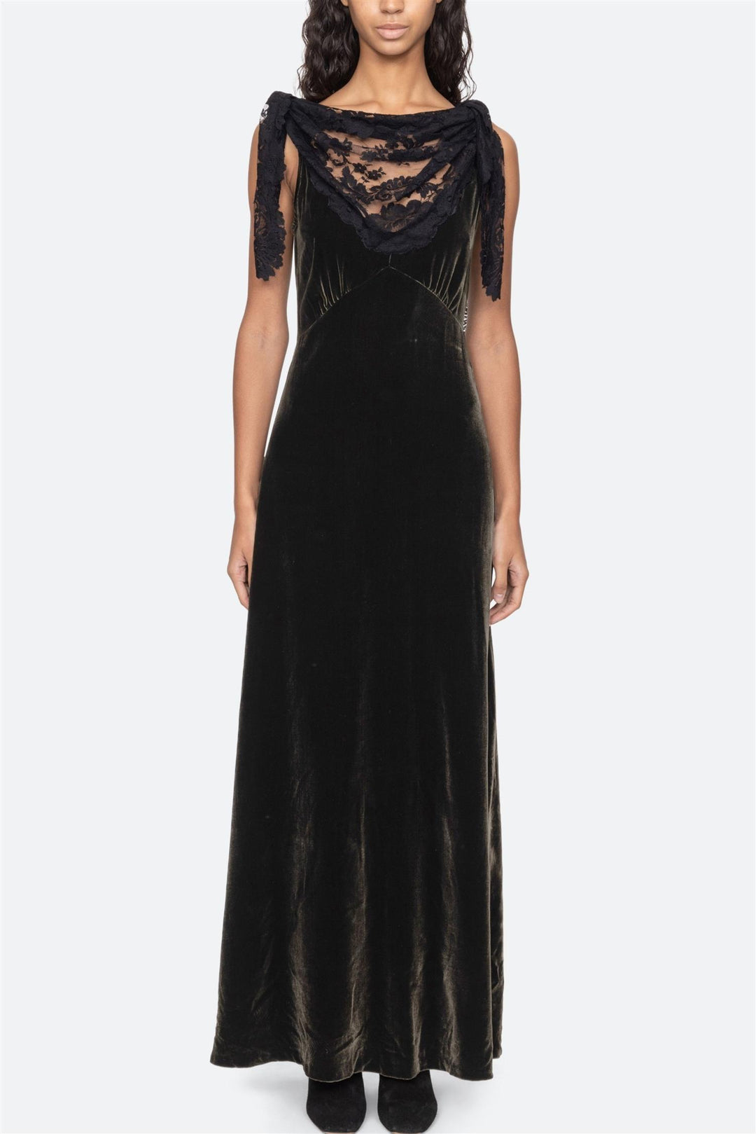 Norabelle Lace Cowl Neck Maxi Dress Olive
