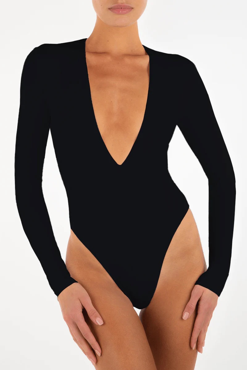 Long Sleeve Deep V Bodysuit Black