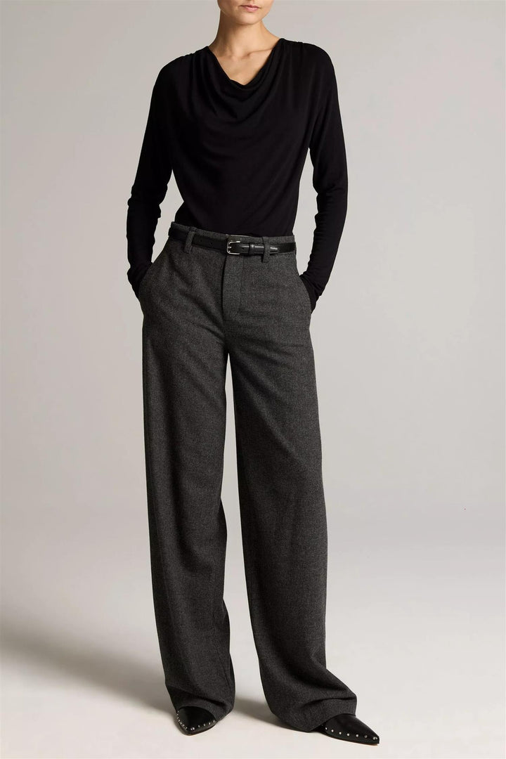 Jersey Draped Cowl-Neck Long-Sleeve Top Black