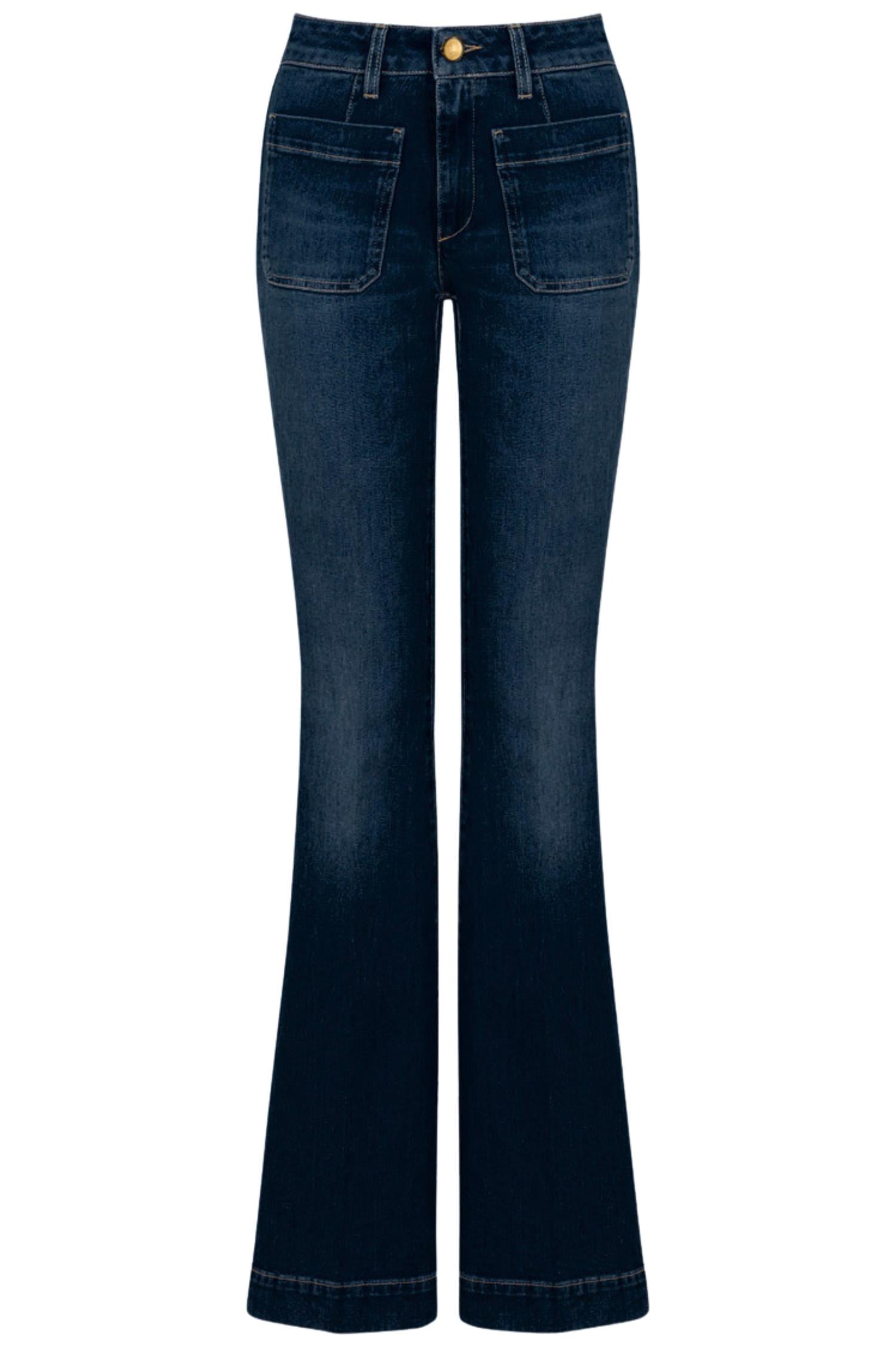 Delphine Flared Jeans Dark Blue & Orange Stitch Denim – DenDama