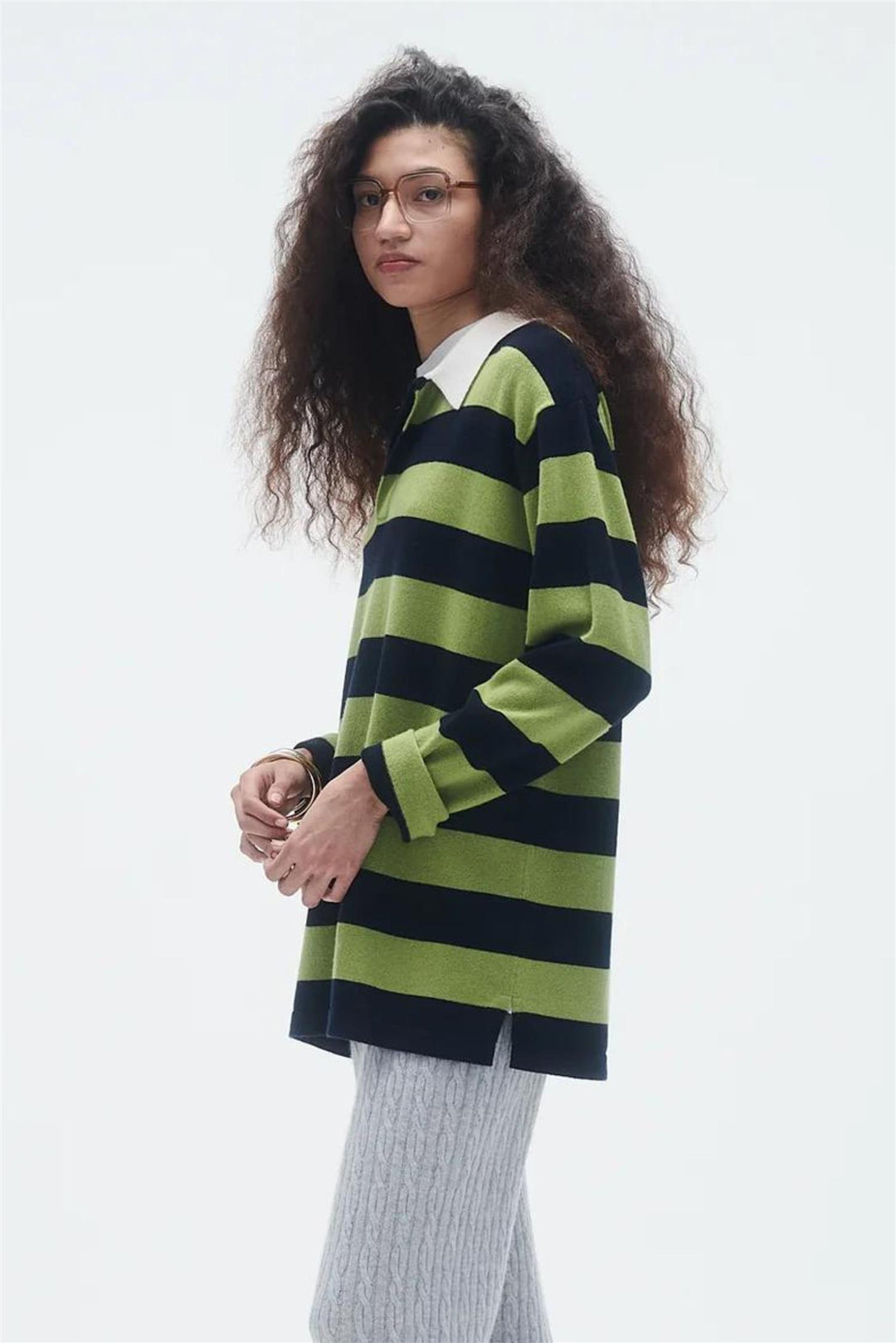 Striped Cashmere Rugby Matcha/Midnight