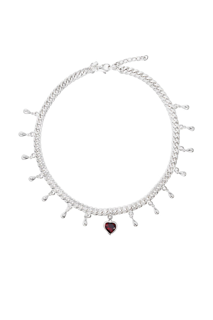Drop of Heart Necklace - Silver Red Garnet