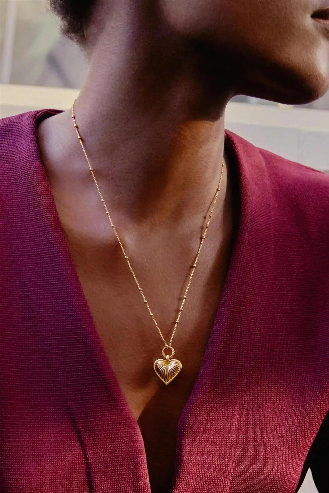 Ridge Heart Charm Pendant Necklace Gold