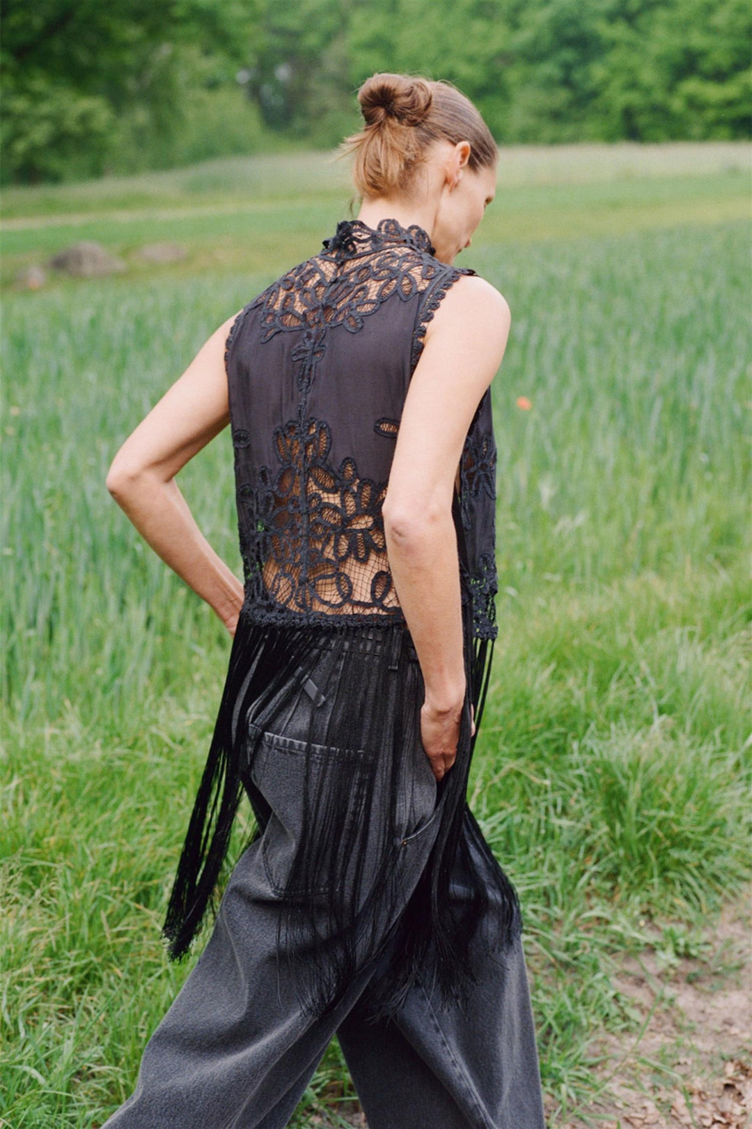 Adelina Battenberg Lace Vest Black