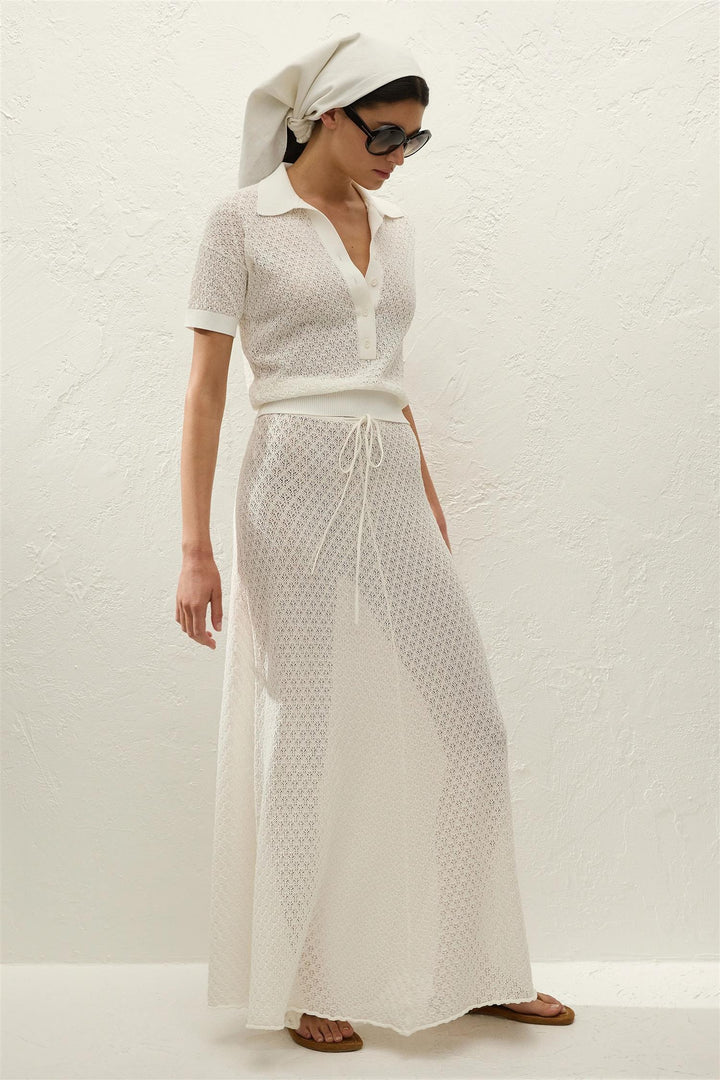 Lenna Polo Top Pointelle Lace Vintage Whit