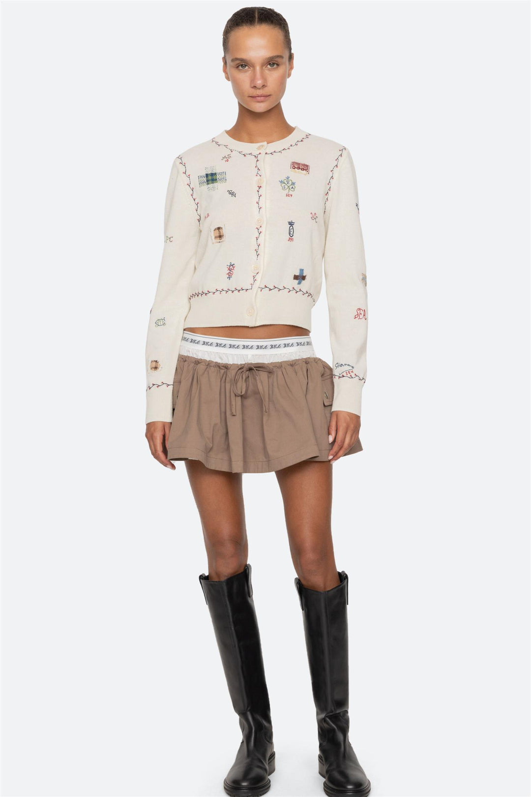 Claria Embroidered Knit Cardigan Cream