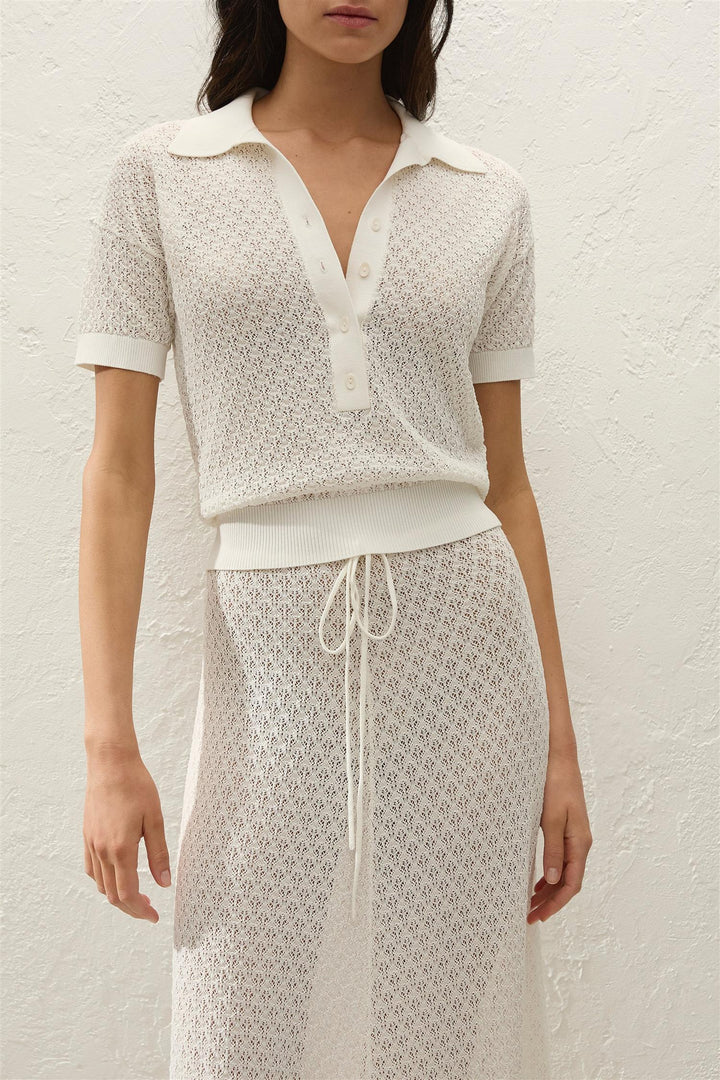 Lenna Polo Top Pointelle Lace Vintage Whit