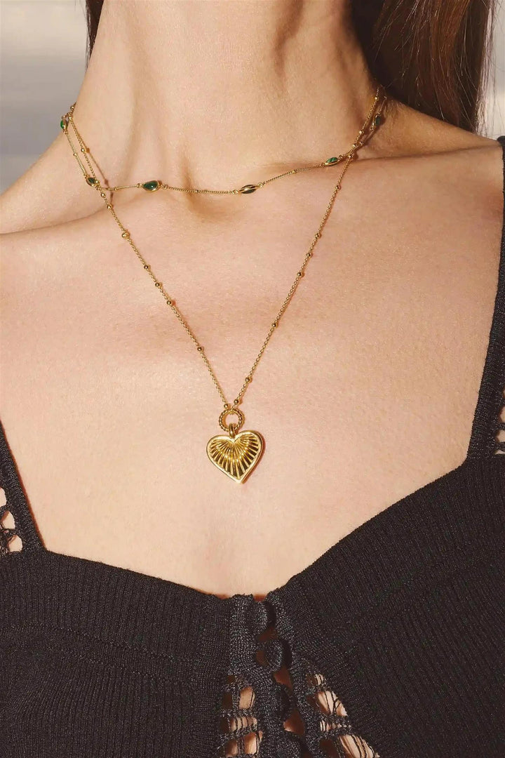 Ridge Heart Charm Pendant Necklace Gold