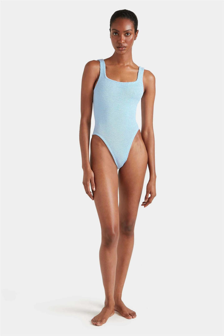 Square Neck Crinkle Swimsuit Metallic Ice Blue