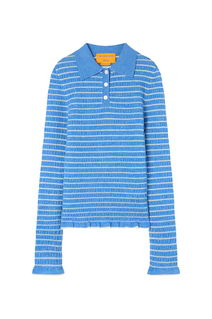 Smocked Long-Sleeved Shrunken Polo Delft Blue/Cream