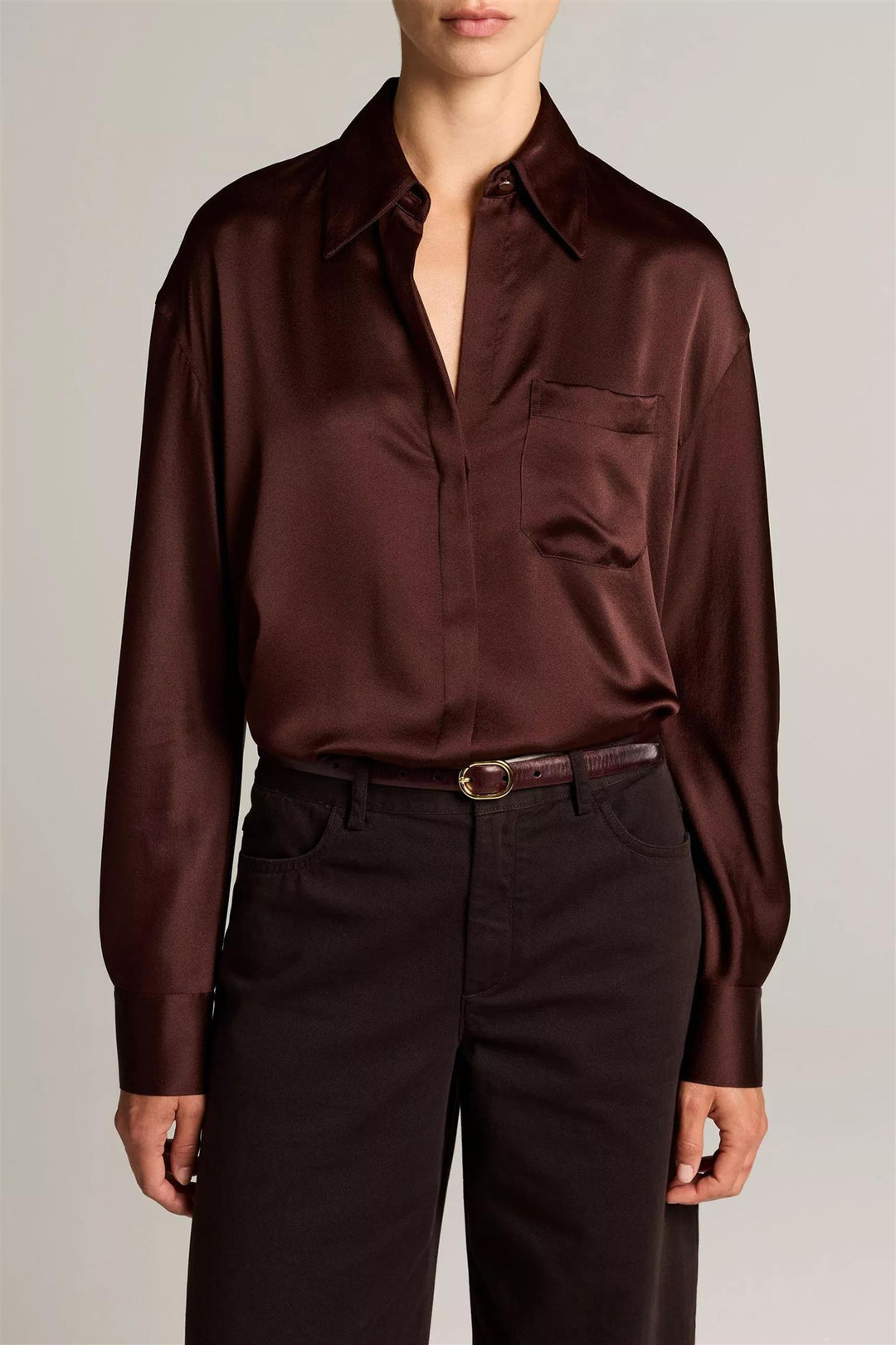 Silk Satin Dolman-Sleeve Button-Front Shirt Dark Cherrywood