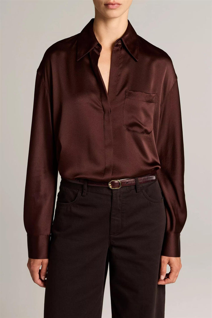 Silk Satin Dolman-Sleeve Button-Front Shirt Dark Cherrywood
