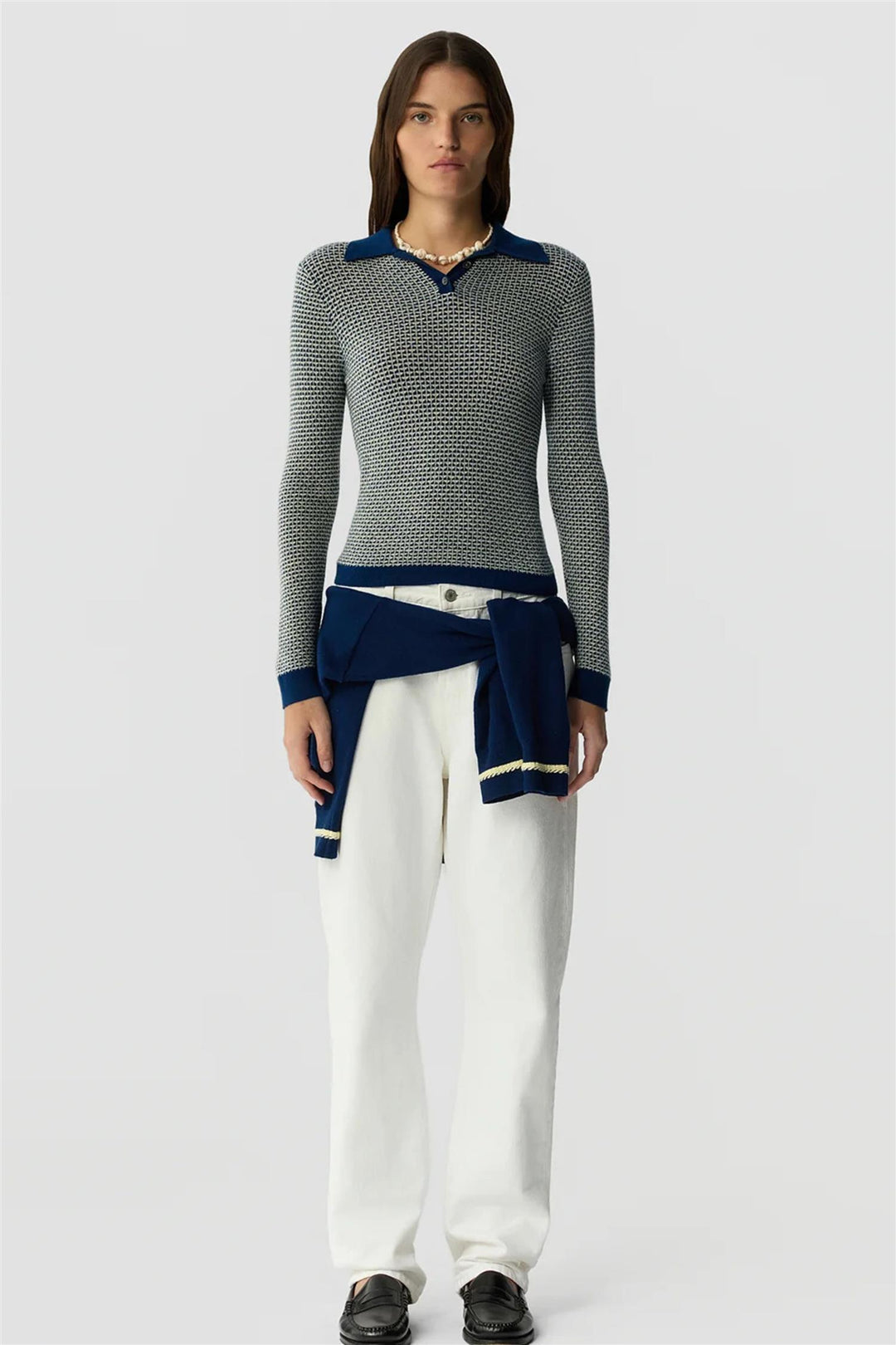 Piqué Long Sleeve Shrunken Polo Navy Combo