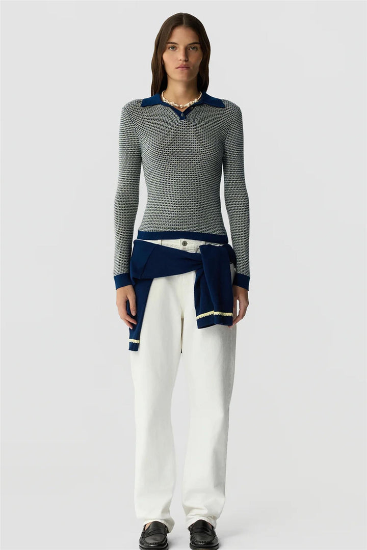 Piqué Long Sleeve Shrunken Polo Navy Combo