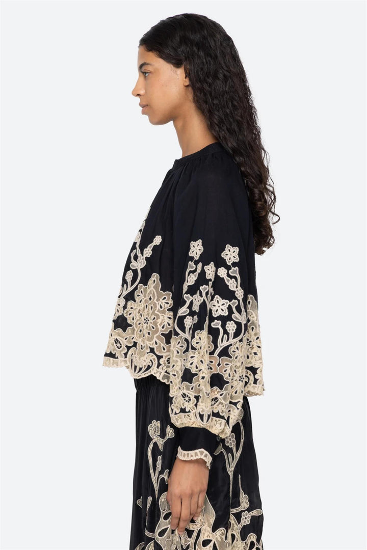 Gracelyn Lace Embroidered Longsleeve Top Black
