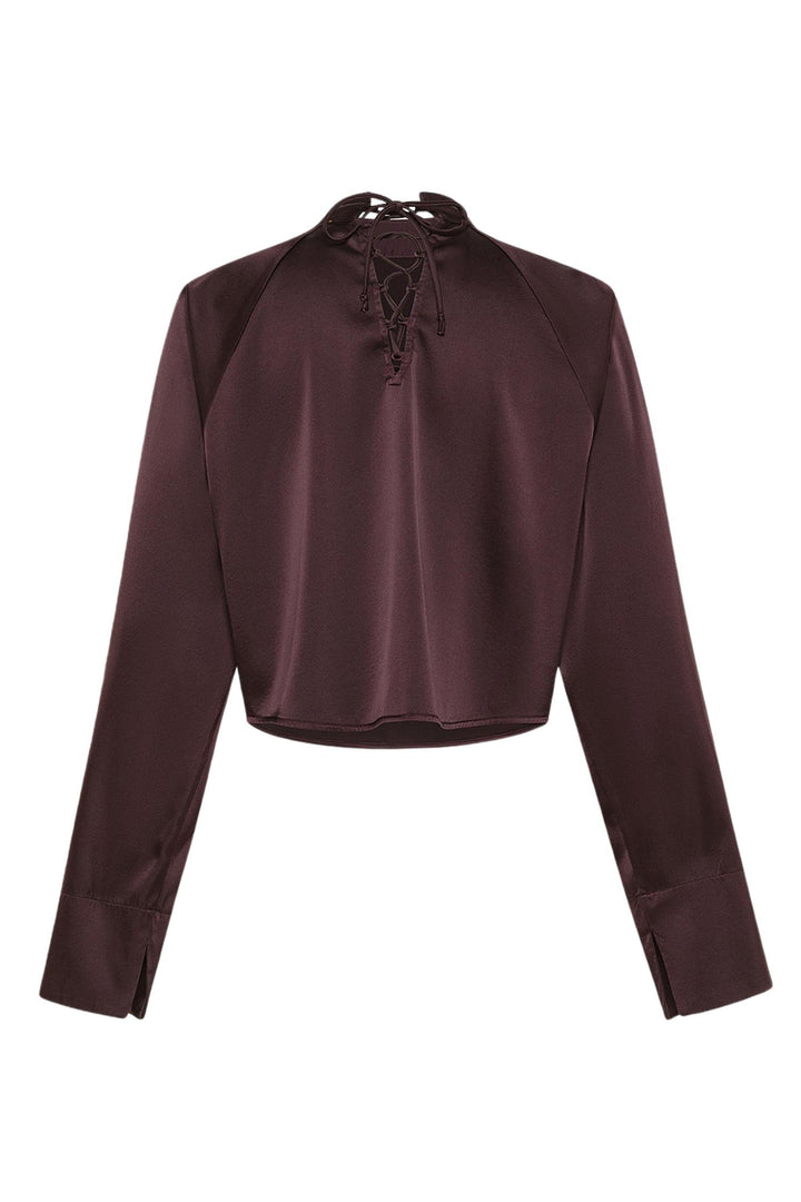 Stretch Silk Satin Crossed Shirt Chocolate Noir