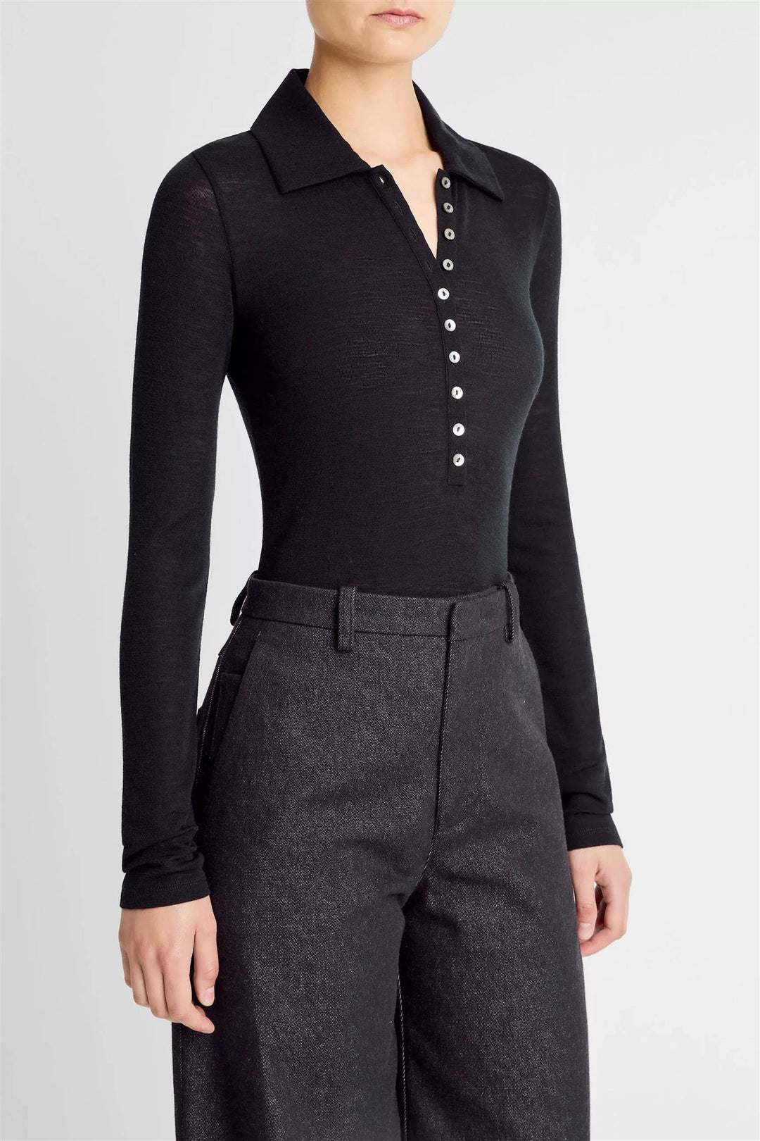 Wool Long-Sleeve Polo Top Coastal Blue