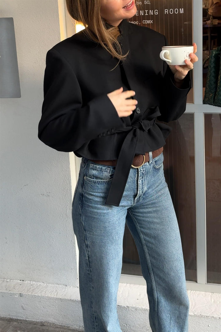 Belted Cropped Blazer Black