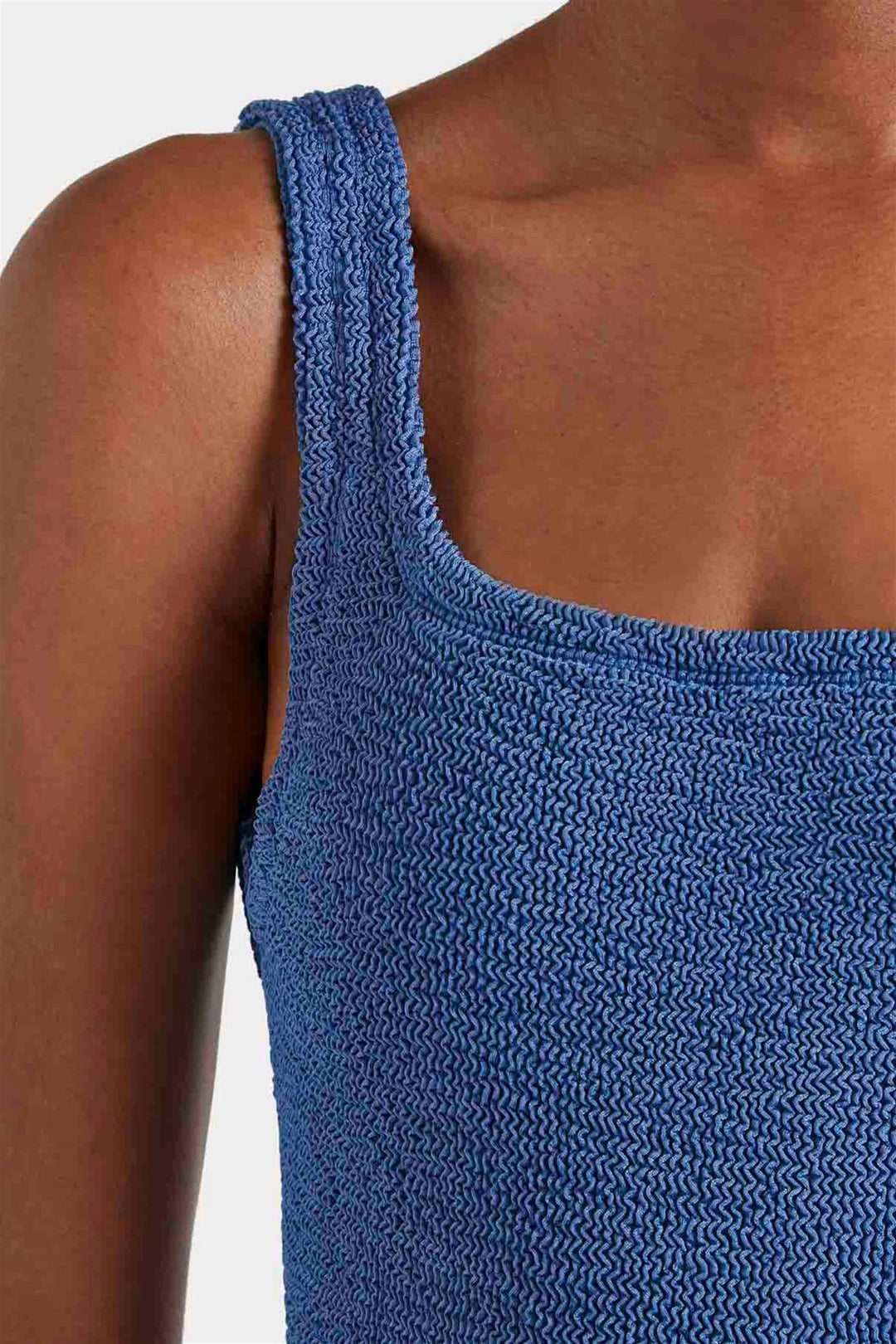 Square Neck Crinkle Swimsuit Metallic Denim