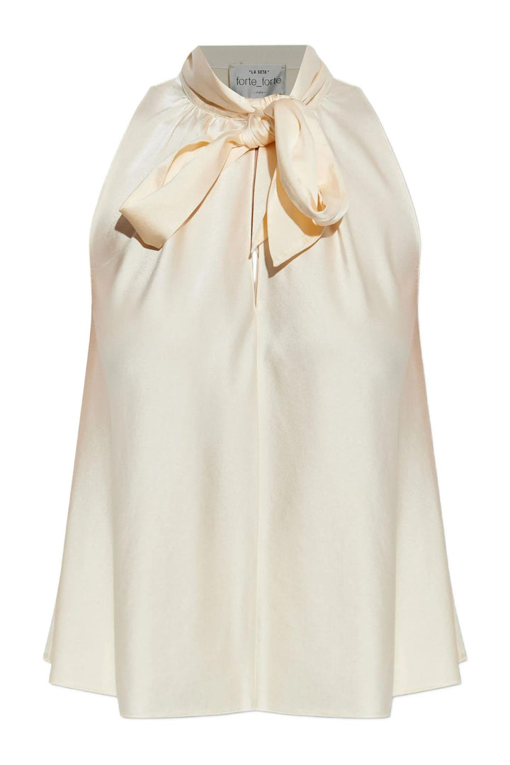 Stretch Silk Bow-Tie Top Cream