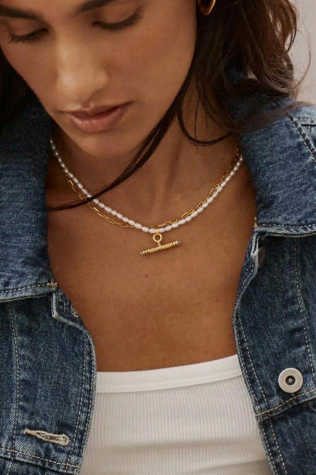 Harris Reed Pearl T-Bar Necklace Gold