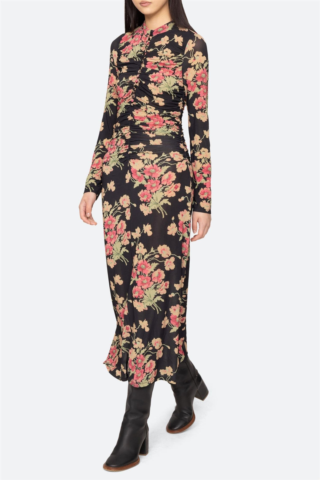 Cornelia Print Long Sleeve Midi Dress Black
