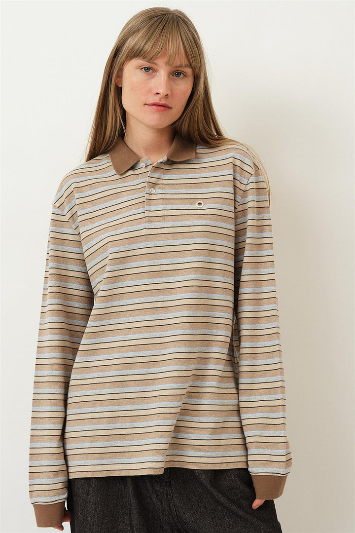 Serena Polo Shirt Brown Shadow Stripe