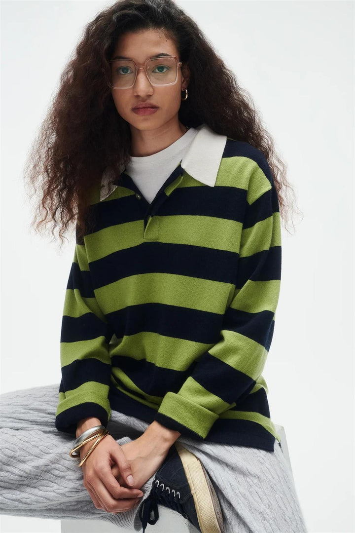 Striped Cashmere Rugby Matcha/Midnight