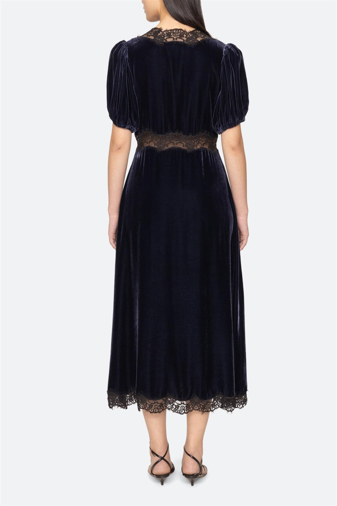 Clarice Velvet Puff Sleeve Midi Dress Navy