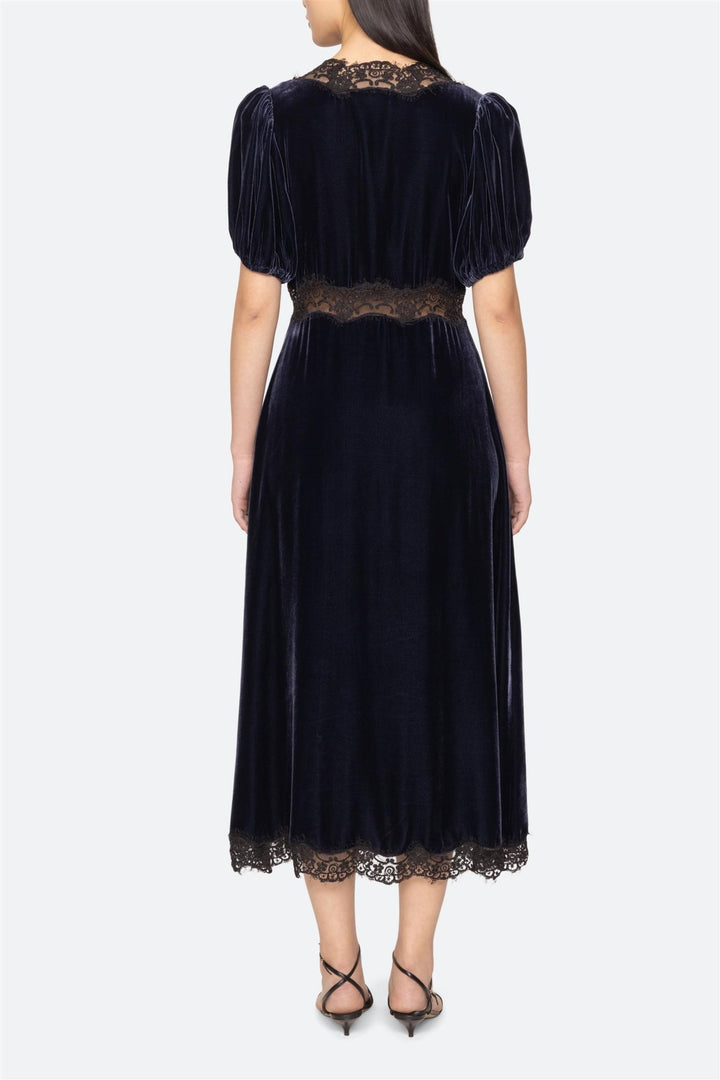 Clarice Velvet Puff Sleeve Midi Dress Navy