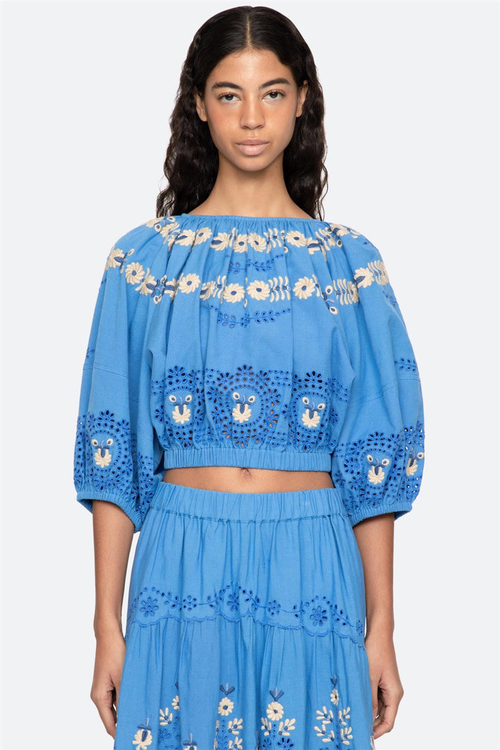 Catharina Embroidered Bubble Top Blue