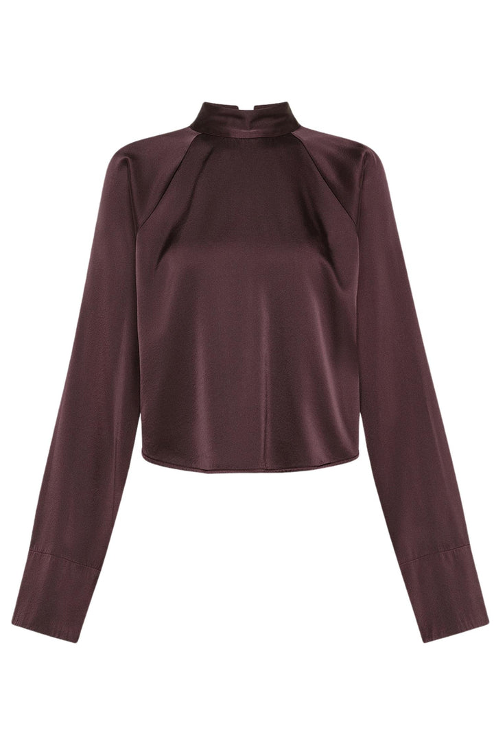 Stretch Silk Satin Crossed Shirt Chocolate Noir