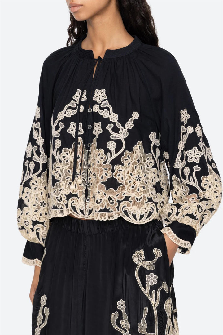 Gracelyn Lace Embroidered Longsleeve Top Black