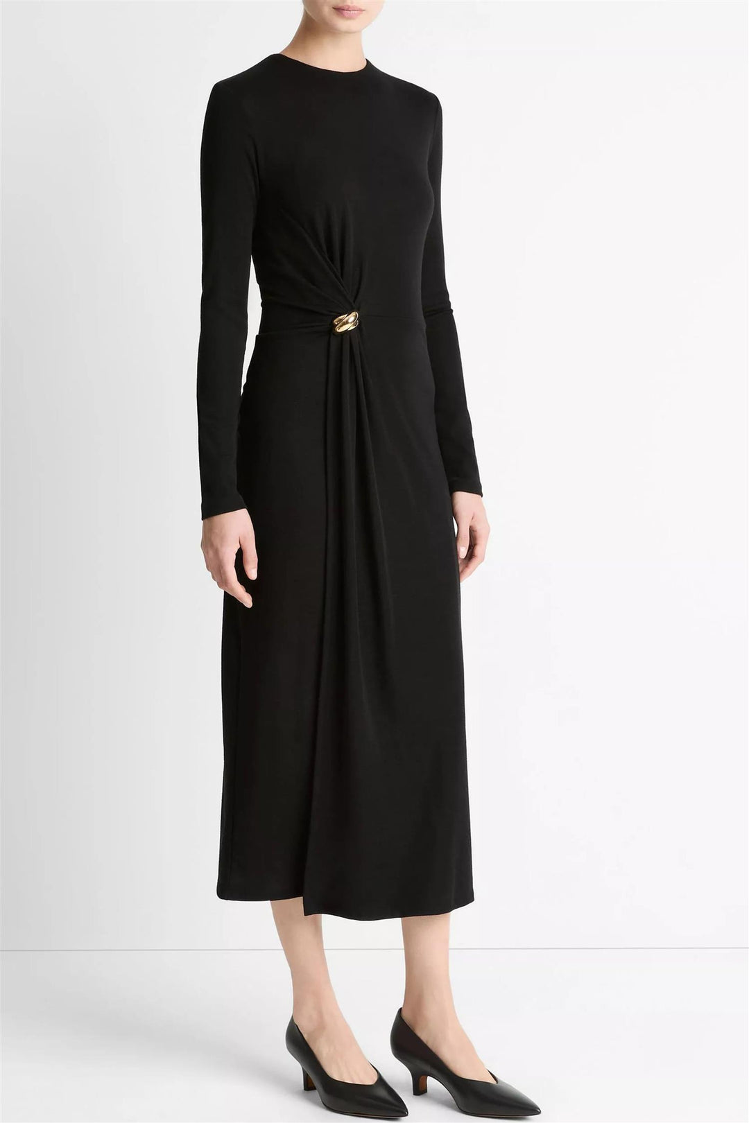 Long Sleeve Side Drape Dress Black