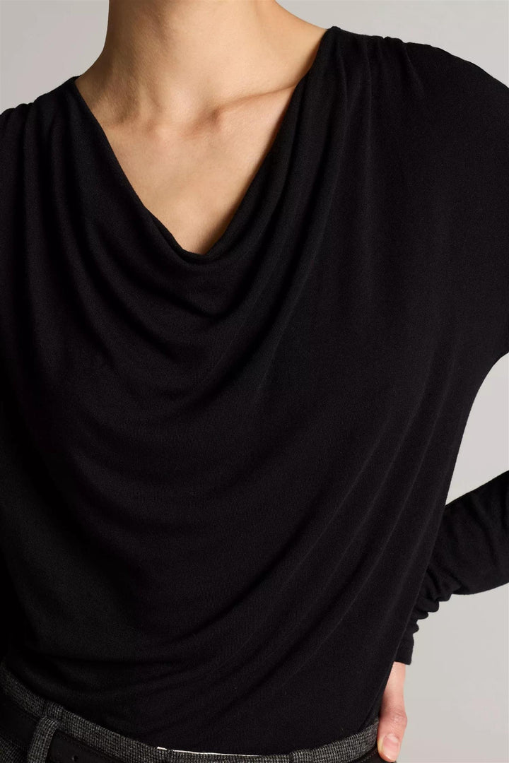 Jersey Draped Cowl-Neck Long-Sleeve Top Black