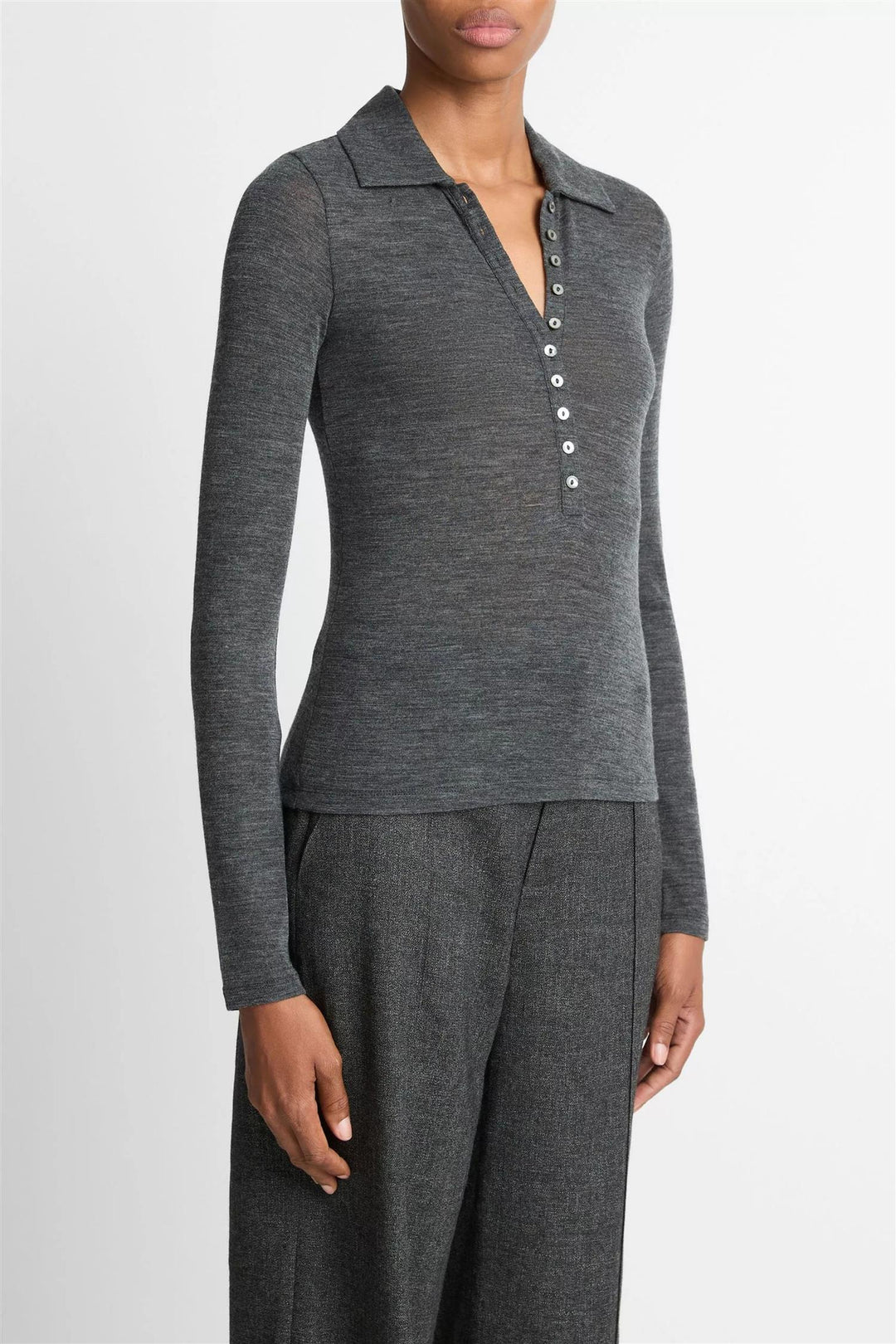 Wool Long-Sleeve Polo Top Medium Heather Grey