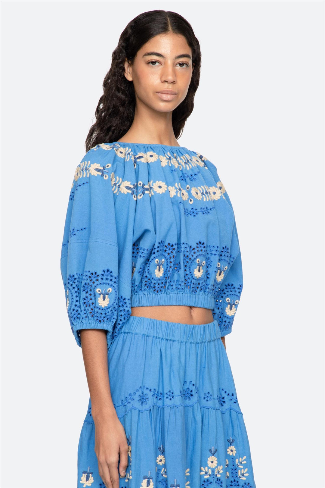 Catharina Embroidered Bubble Top Blue