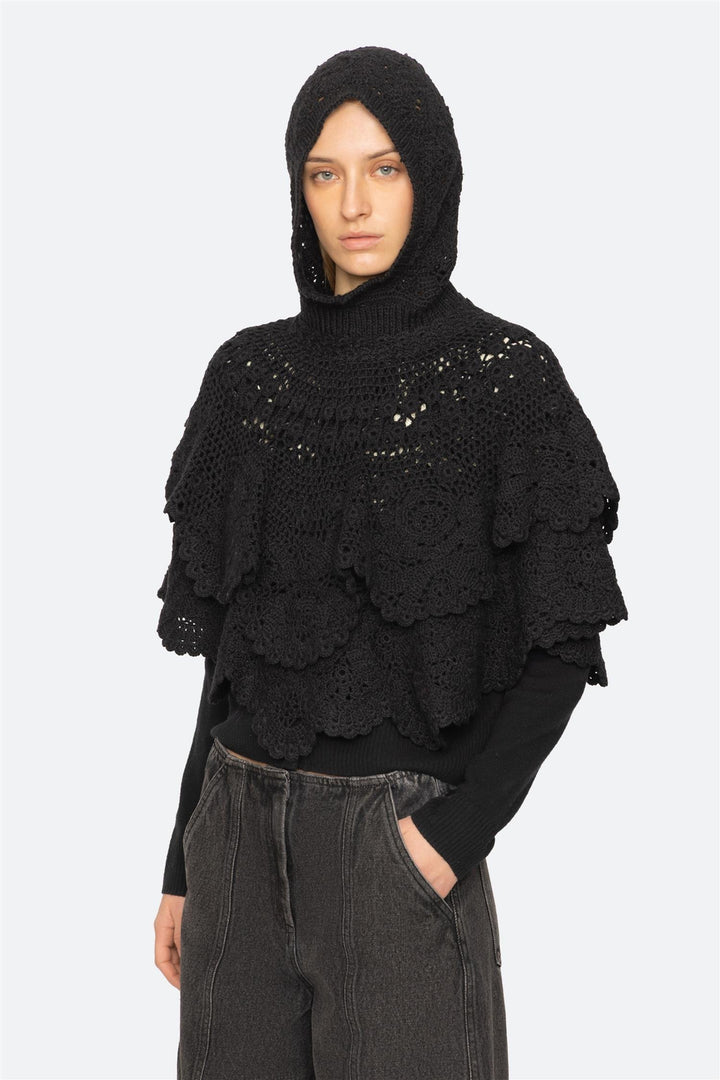 Wright Knit Crochet Poncho Black