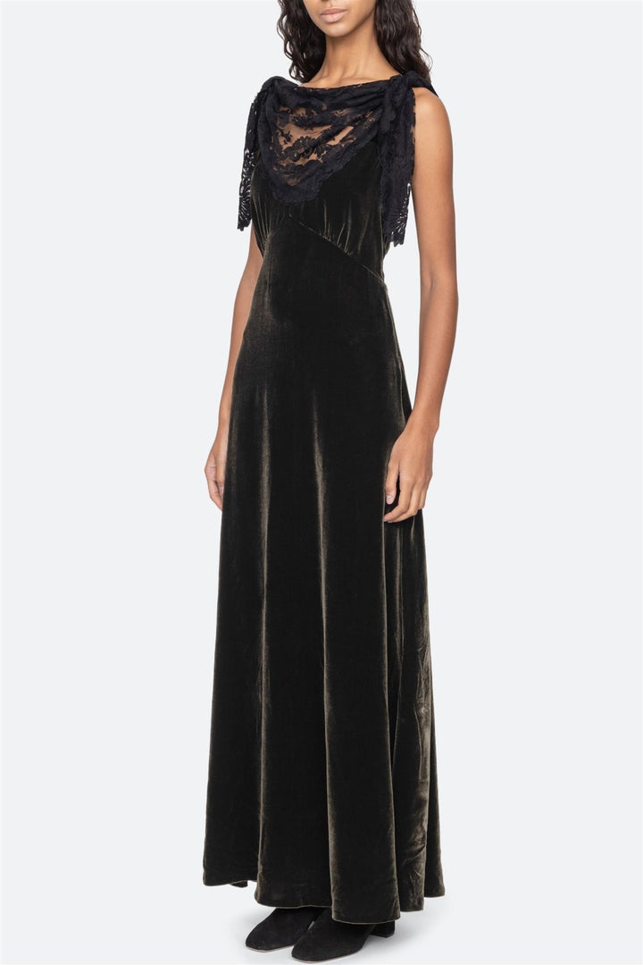 Norabelle Lace Cowl Neck Maxi Dress Olive